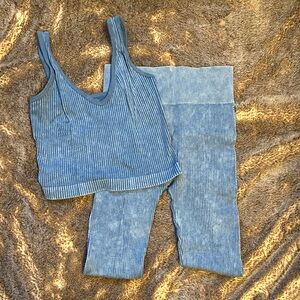 Aura Blue Ribbed Tank and Leggings Workout Set S/M